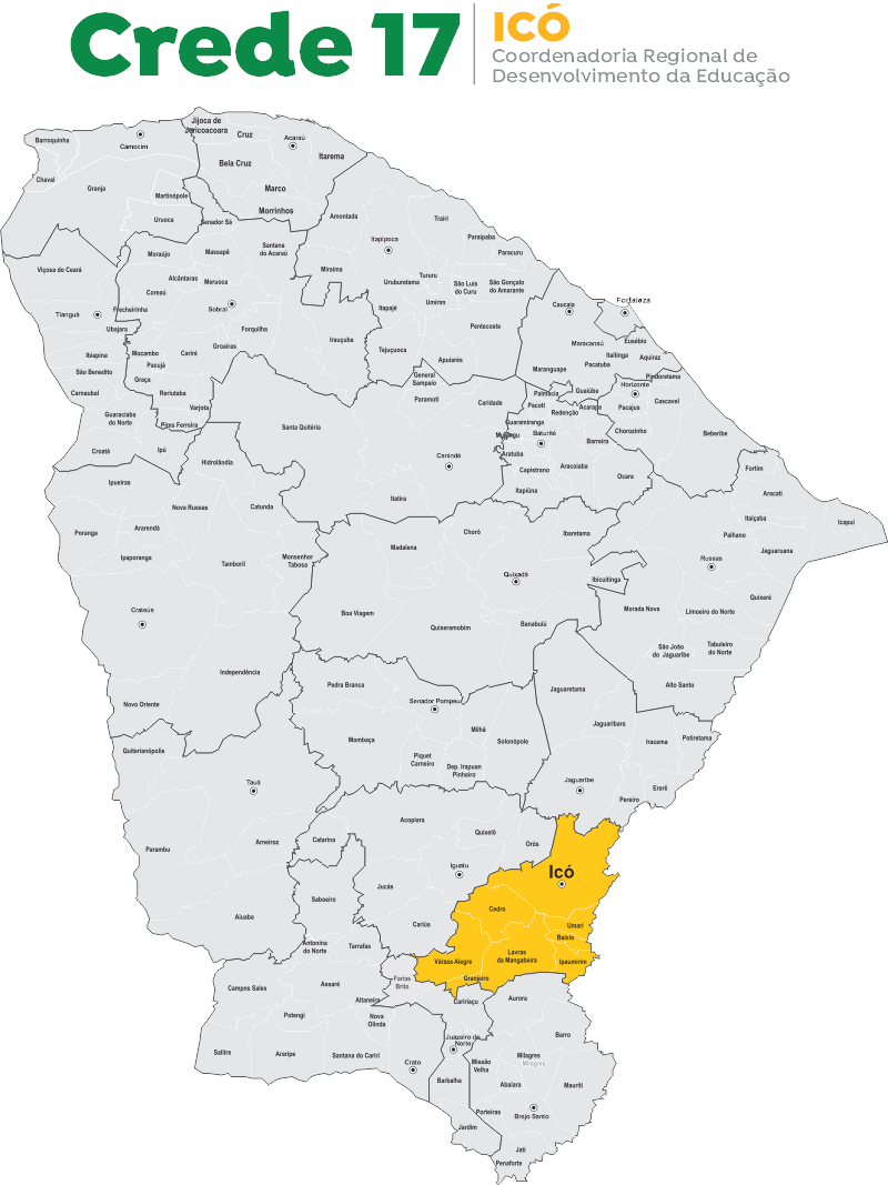 Mapa do Estado do Ceará com destaque nos municípios da CREDE17.